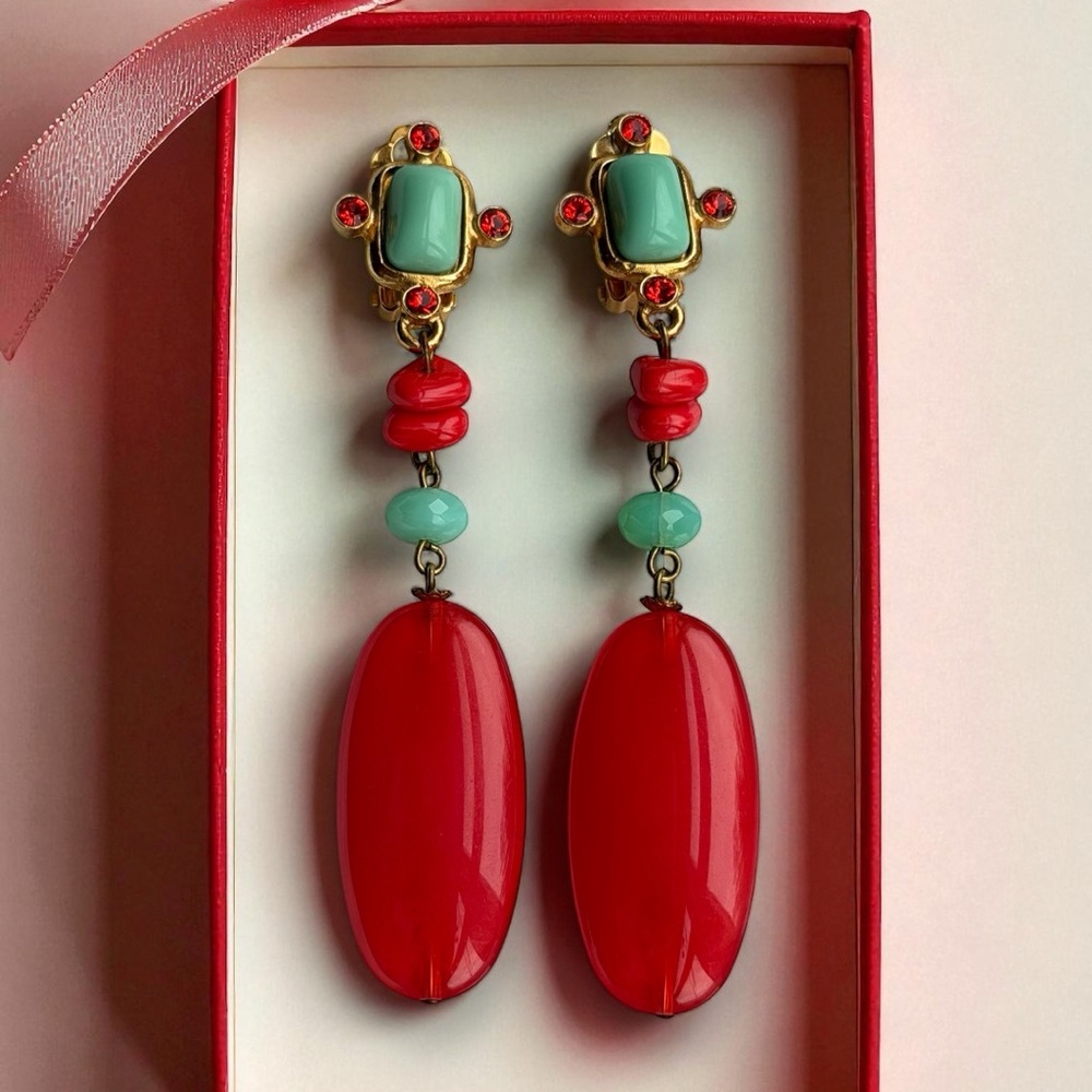 Vintage Cécile Jeanne Paris Clip-On Statement Earrings –Coral & Turquoise Stones